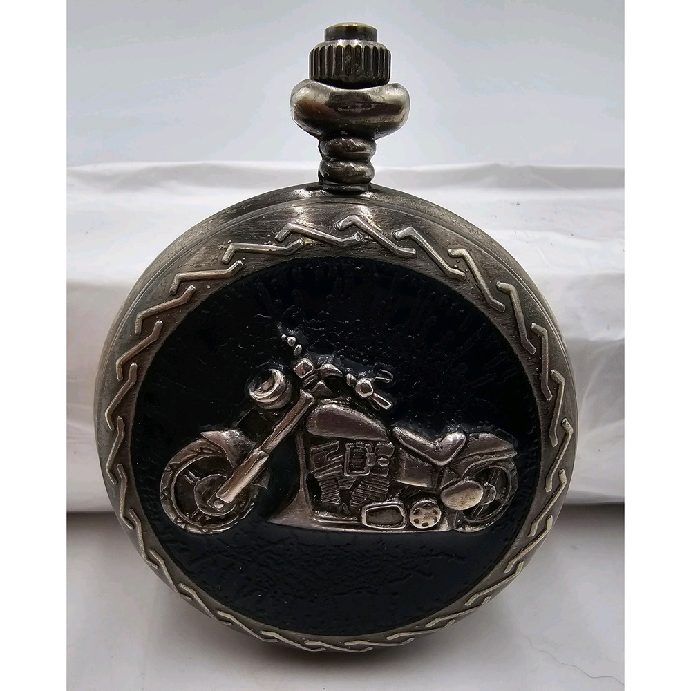 Calvin Hill Silver-Toned Pocket Watch Black Enamel Motorcycle Not Operational